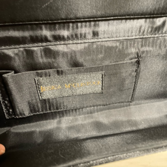 Jessica McClintock black clutch purse snap close bow rope style strap 11 x 3 in - Picture 6 of 7